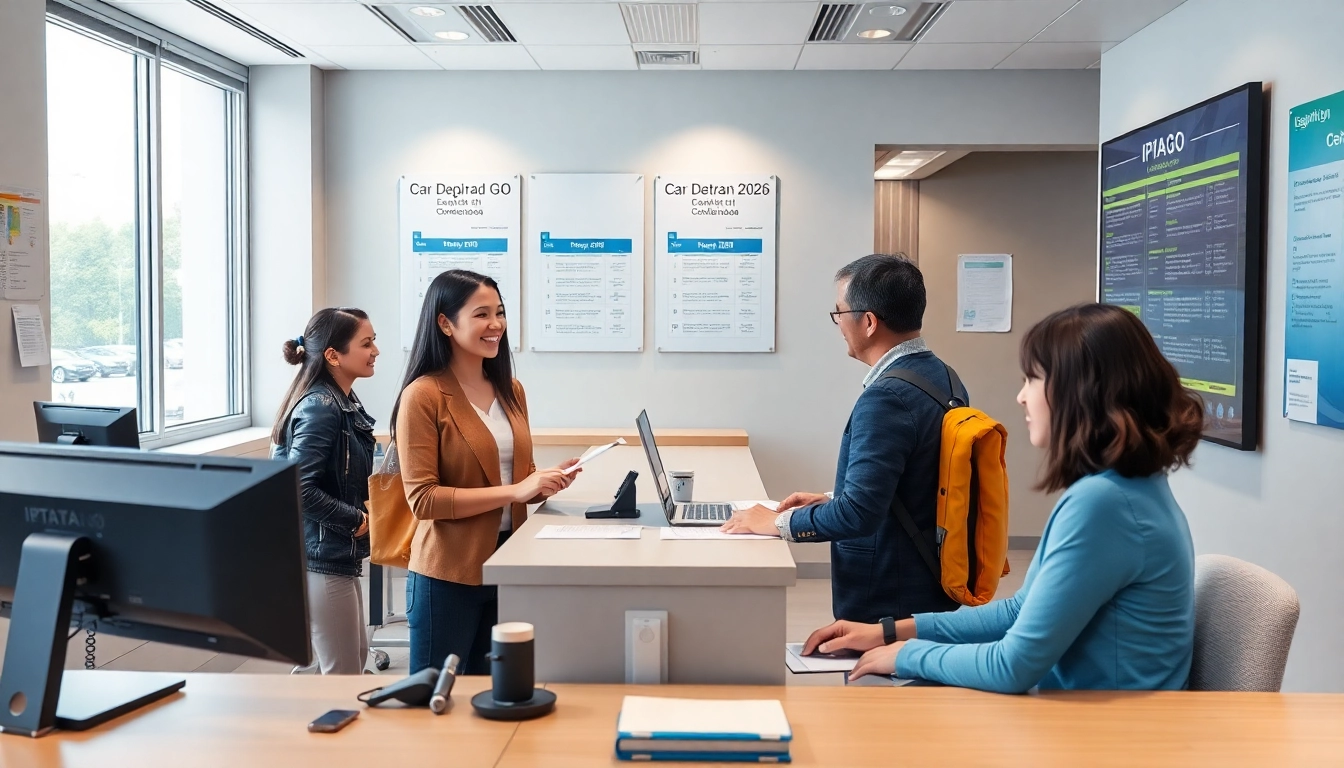 Detran GO office assisting citizens with IPVA 2026 payment and registration.