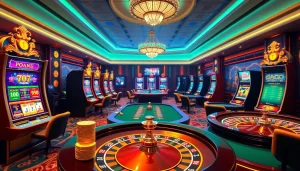 Experience the excitement of gaming at 789f.com with vibrant slot machines and roulette wheels.