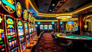 Rasakan serunya permainan slot pulsa di lingkungan kasino yang penuh warna dengan para pemain yang meraih jackpot.