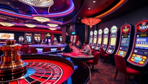 SODO casino scene with players at poker tables, roulette wheels, and vibrant slot machines.