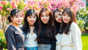 Blackpink members posing together in a vibrant garden setting, showcasing their unique styles and friendship.