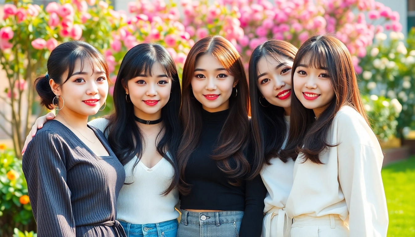 Blackpink members posing together in a vibrant garden setting, showcasing their unique styles and friendship.