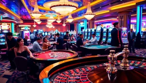 Exciting gaming scene at tr88 casino with tables, slot machines, and joyful players.