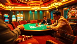 Professional poker players engage in a high-stakes game at a luxury casino featuring NK88 elements.