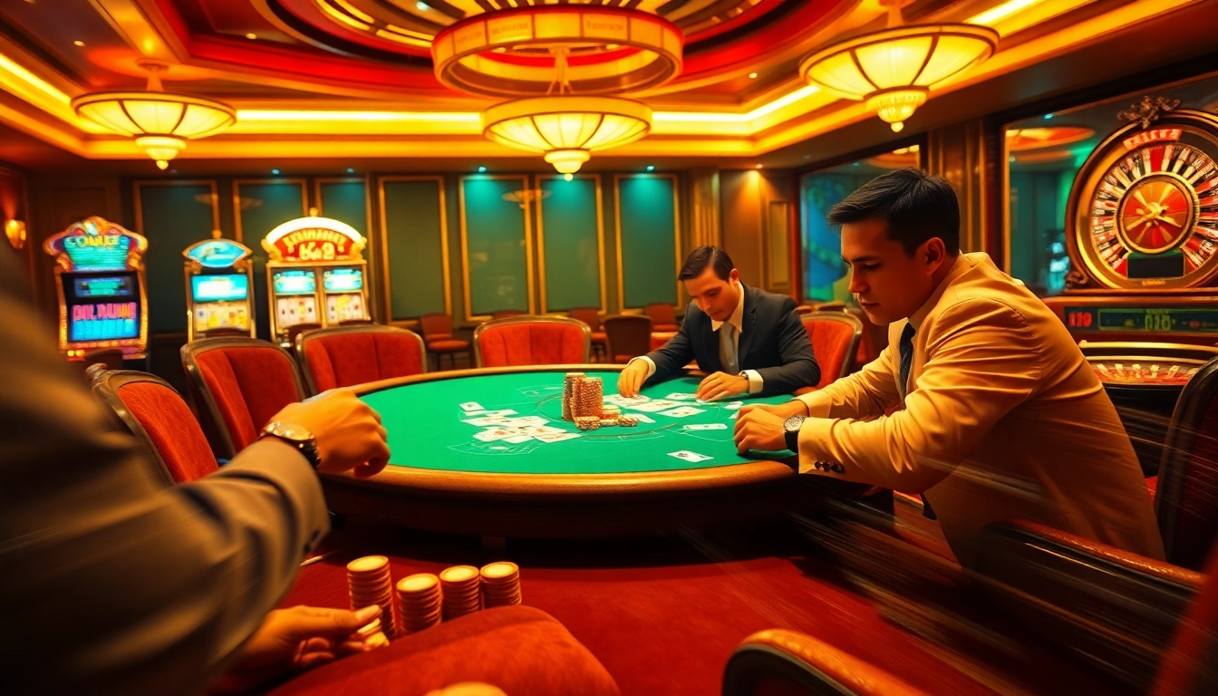 Professional poker players engage in a high-stakes game at a luxury casino featuring NK88 elements.