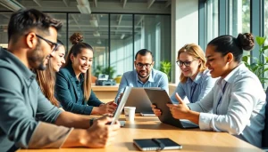 Offering nonprofit IT support, a diverse team collaborates in a bright, modern office environment.