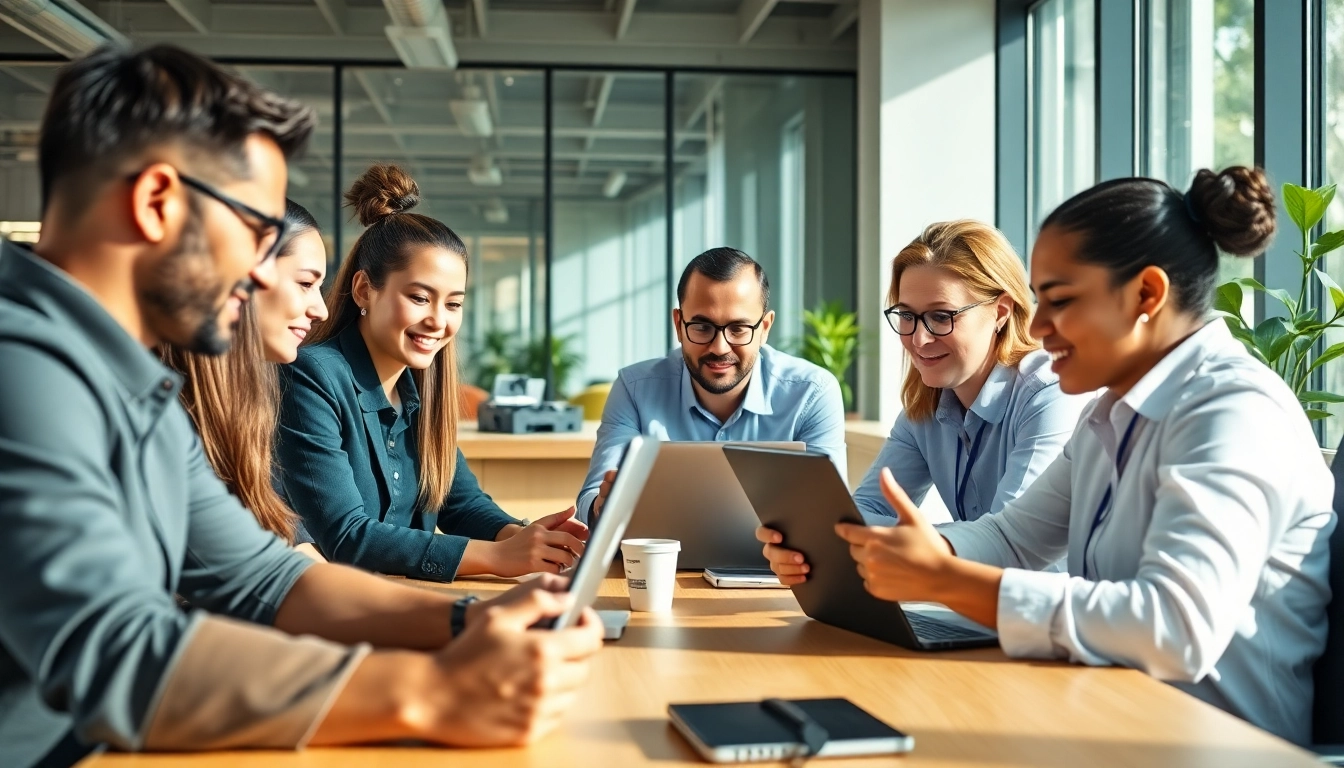 Offering nonprofit IT support, a diverse team collaborates in a bright, modern office environment.