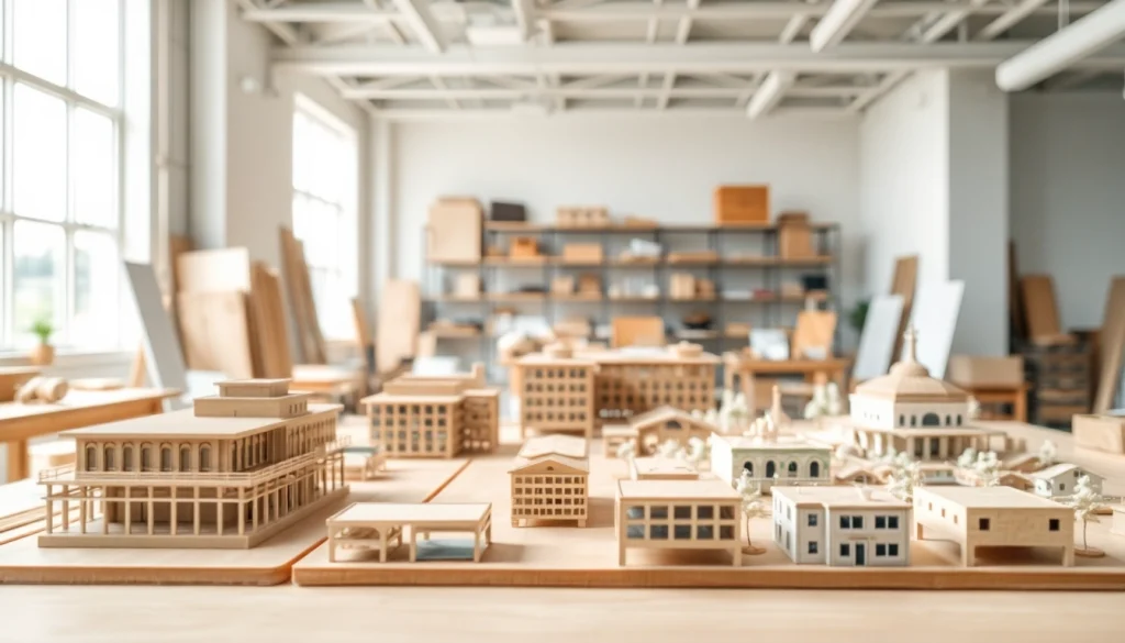 Architekturmodellbau Dresden zeigt präzise gefertigte Architekturmodelle in einem kreativen Arbeitsraum.