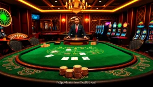 Experience the thrill of baccarat at https://xx88.us/ with an elegant casino table featuring luxurious cards and chips.