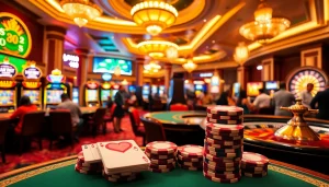 Players strategizing in a lively casino scene featuring NK88 poker chips and cards.