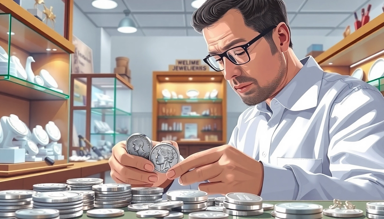 Valutazione del valore di compro argento nella gioielleria, mostrando monete e gioielli in argento.