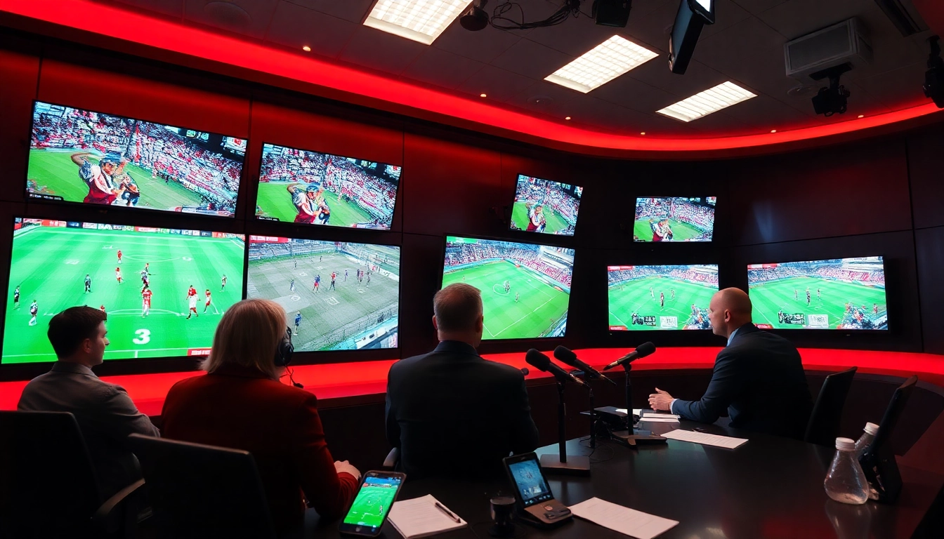 Sports Broadcasting studio featuring broadcasters engaged in lively discussions.