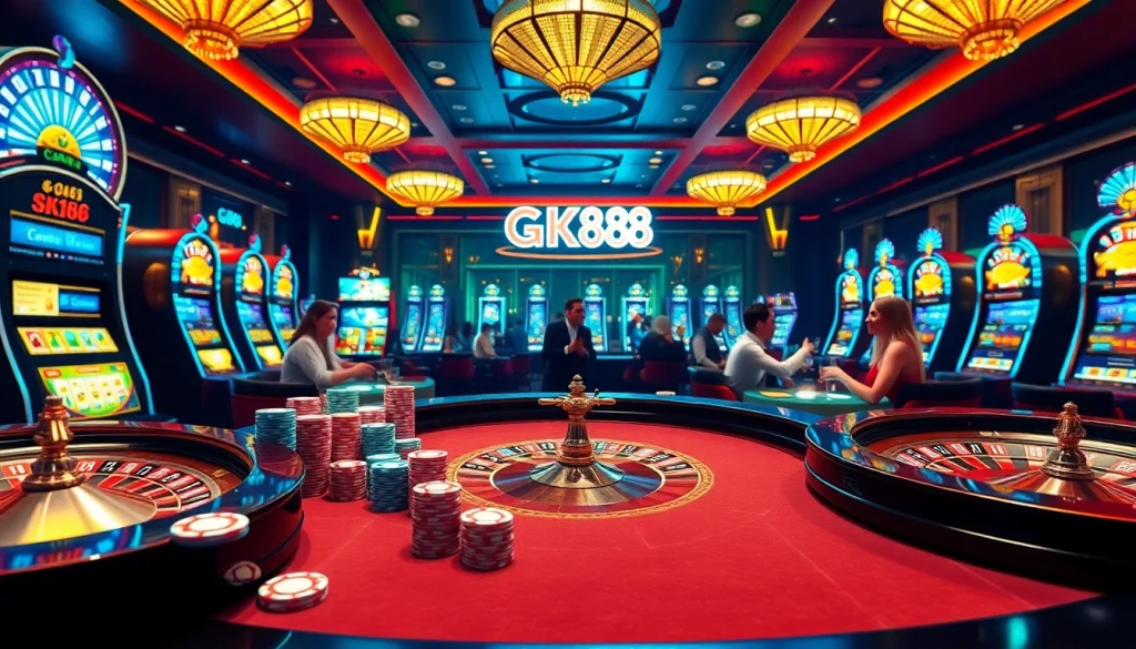 Engage in thrilling GK88 casino gameplay with vibrant poker chips and roulette wheels.