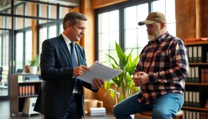 Engaging discussion on agricultural law between a lawyer and farmer in an office.