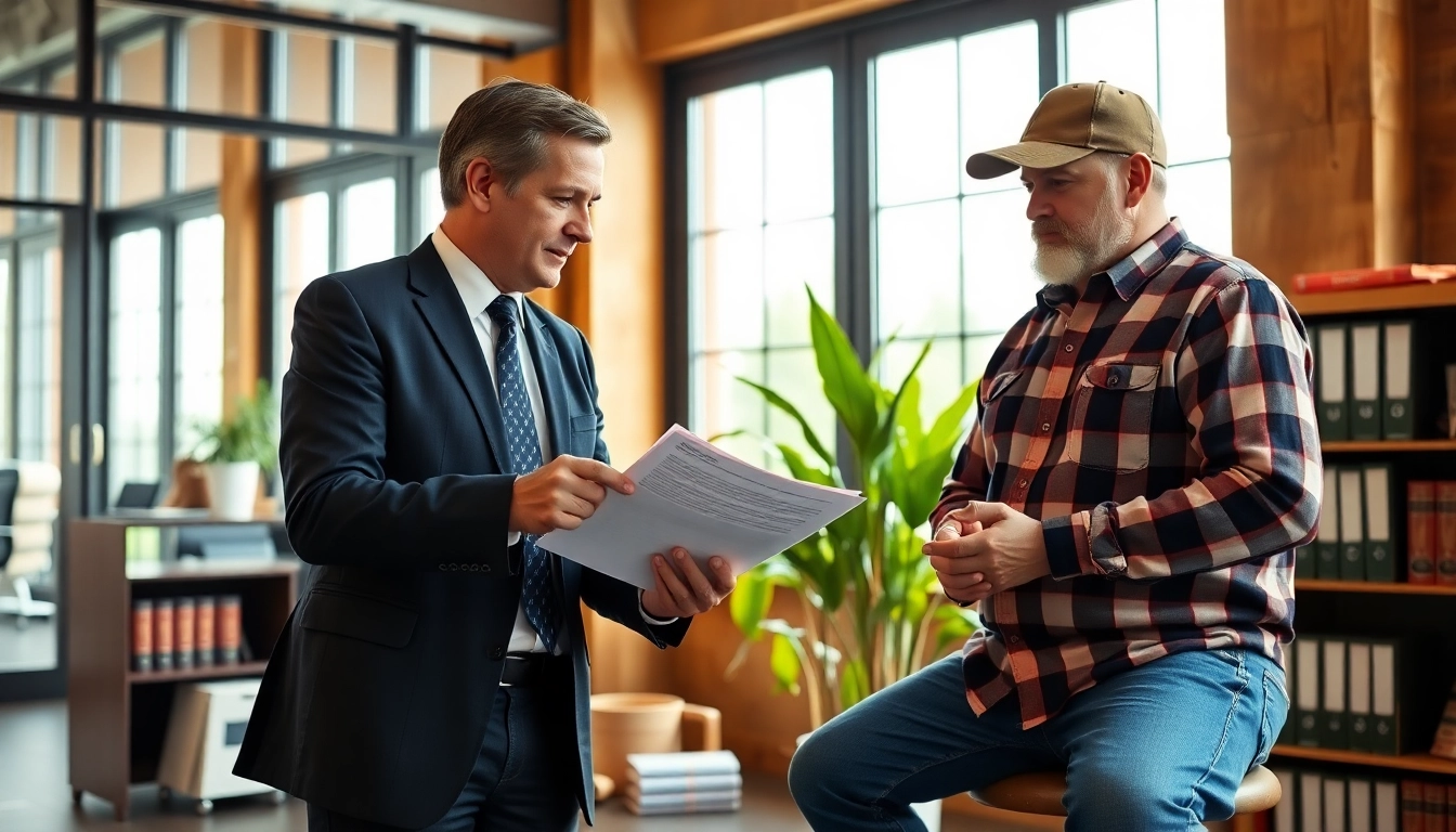 Engaging discussion on agricultural law between a lawyer and farmer in an office.