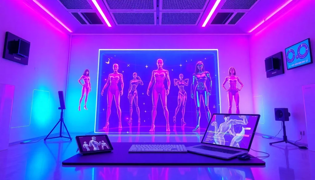 Futuristic NSFW AI image generator interface showcasing vibrant digital characters and advanced technology.