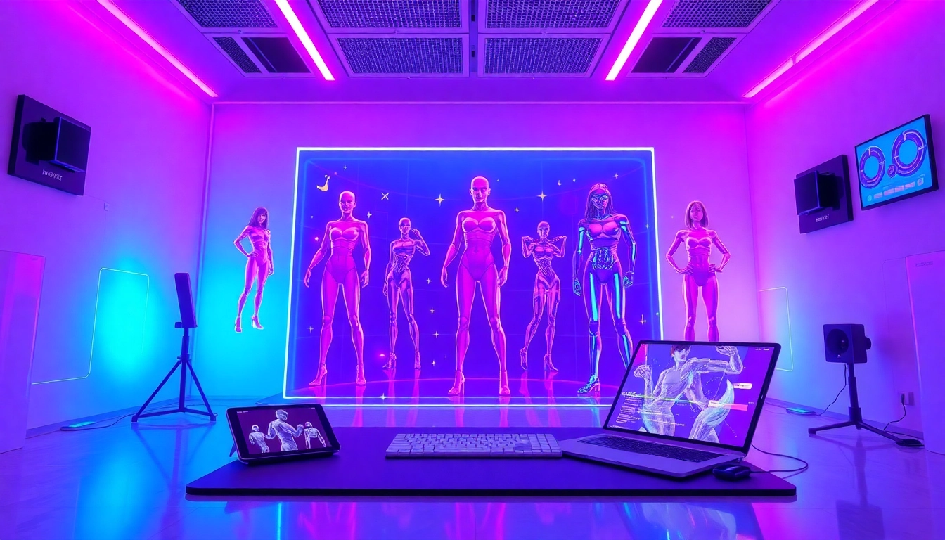 Futuristic NSFW AI image generator interface showcasing vibrant digital characters and advanced technology.