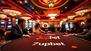 Gambling action at a luxurious casino with 7upbet logo, poker chips, and roulette wheel.