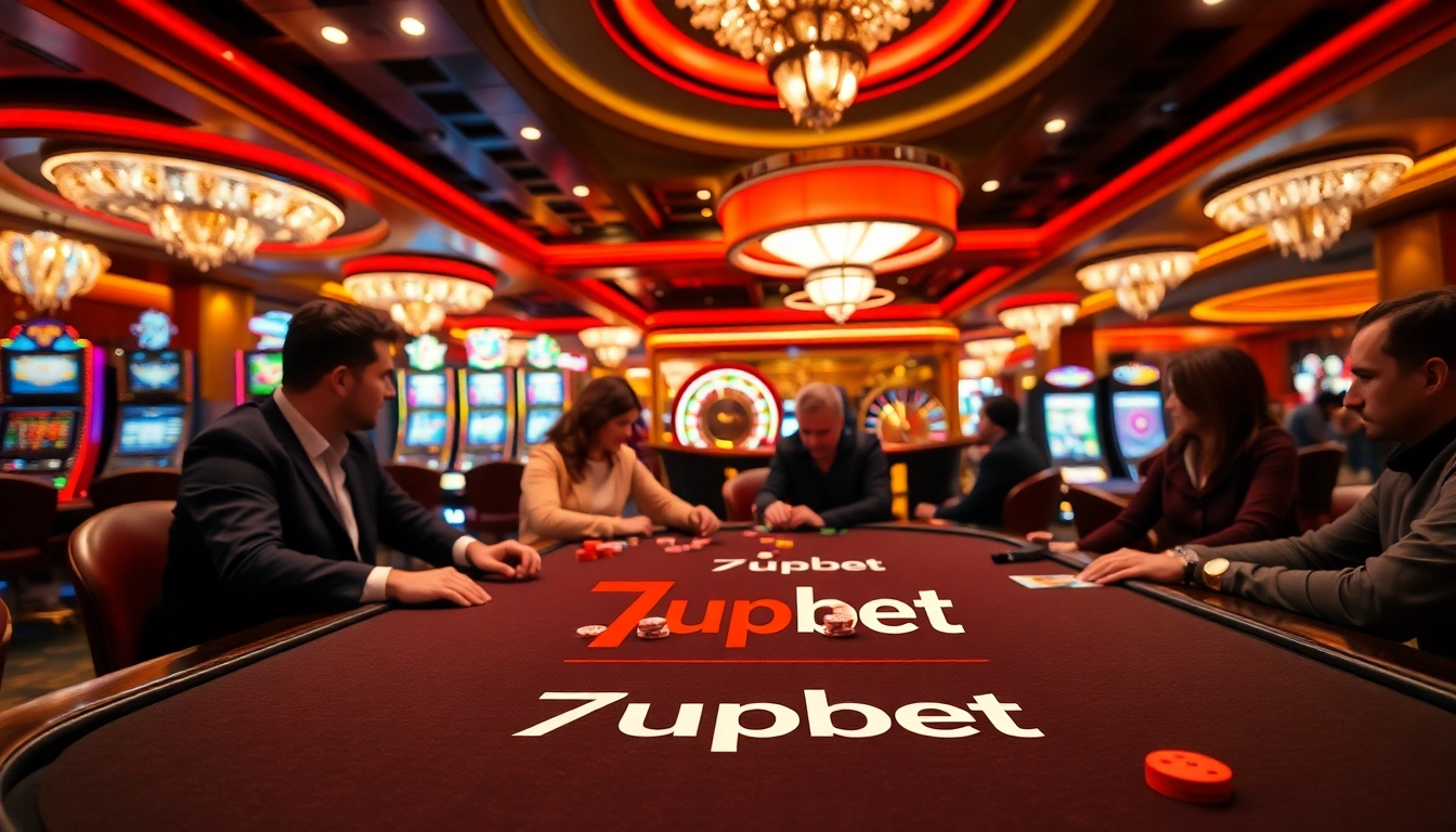 Gambling action at a luxurious casino with 7upbet logo, poker chips, and roulette wheel.