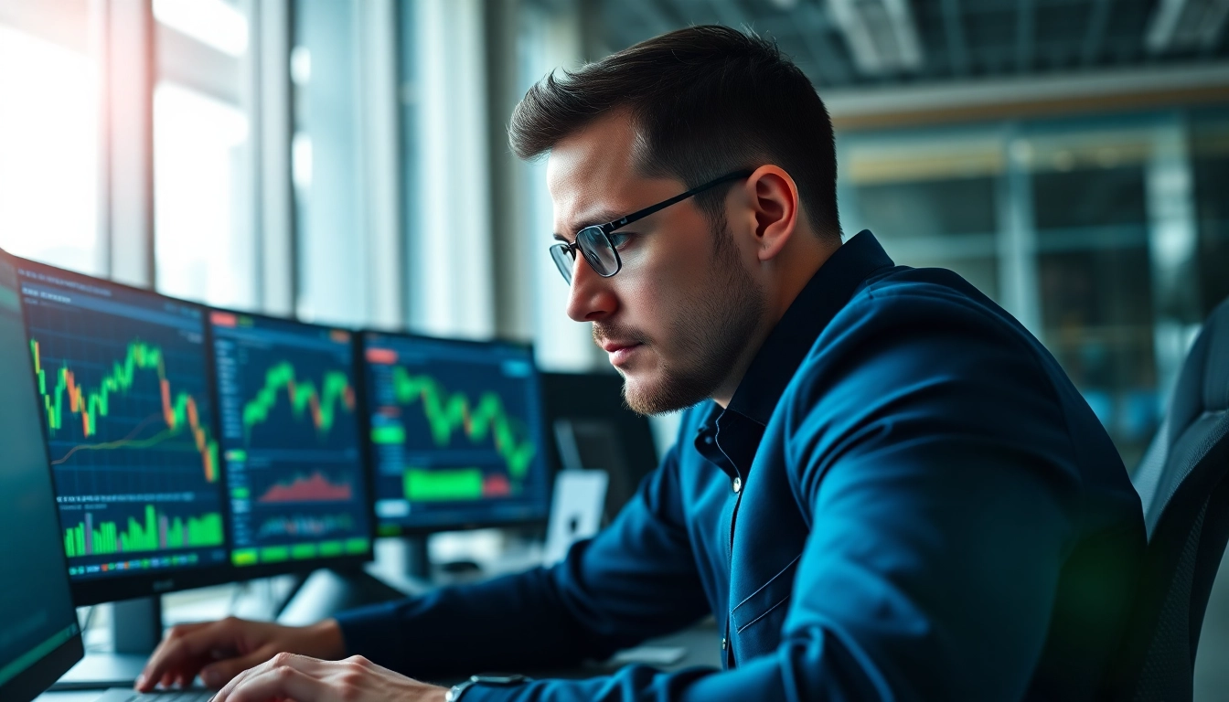 Acheter bitcoin dans un bureau moderne avec un trader analysant des graphiques.