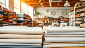 Verken canvas stoffen in verschillende kleuren en patronen binnen een sfeervolle stoffenwinkel.