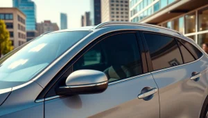 A vehicle showcasing the best window tint Chattanooga TN against a vibrant Chattanooga urban backdrop.