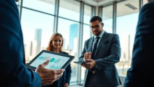 Find competitor pricing through a business team strategizing over digital devices amid a corporate environment.