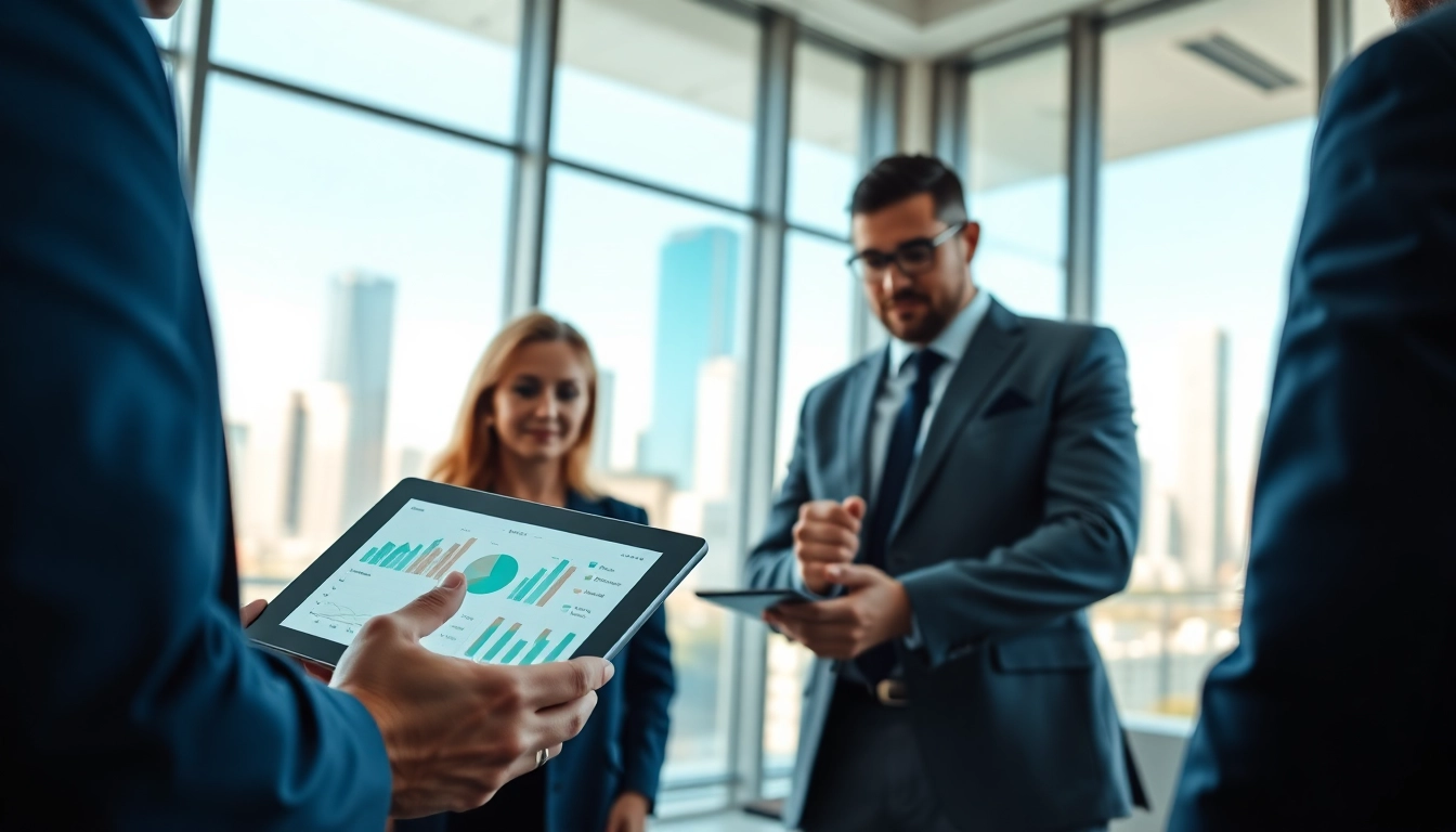 Find competitor pricing through a business team strategizing over digital devices amid a corporate environment.