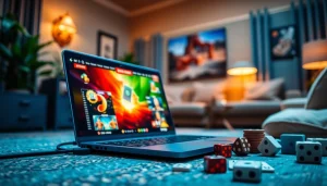 Menggambarkan ramtoto dengan laptop modern dalam lingkungan bermain yang energik.