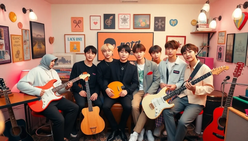BTS members celebrating their musical journey in a studio, showcasing individuality and unity.