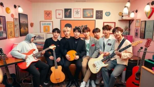 BTS members celebrating their musical journey in a studio, showcasing individuality and unity.