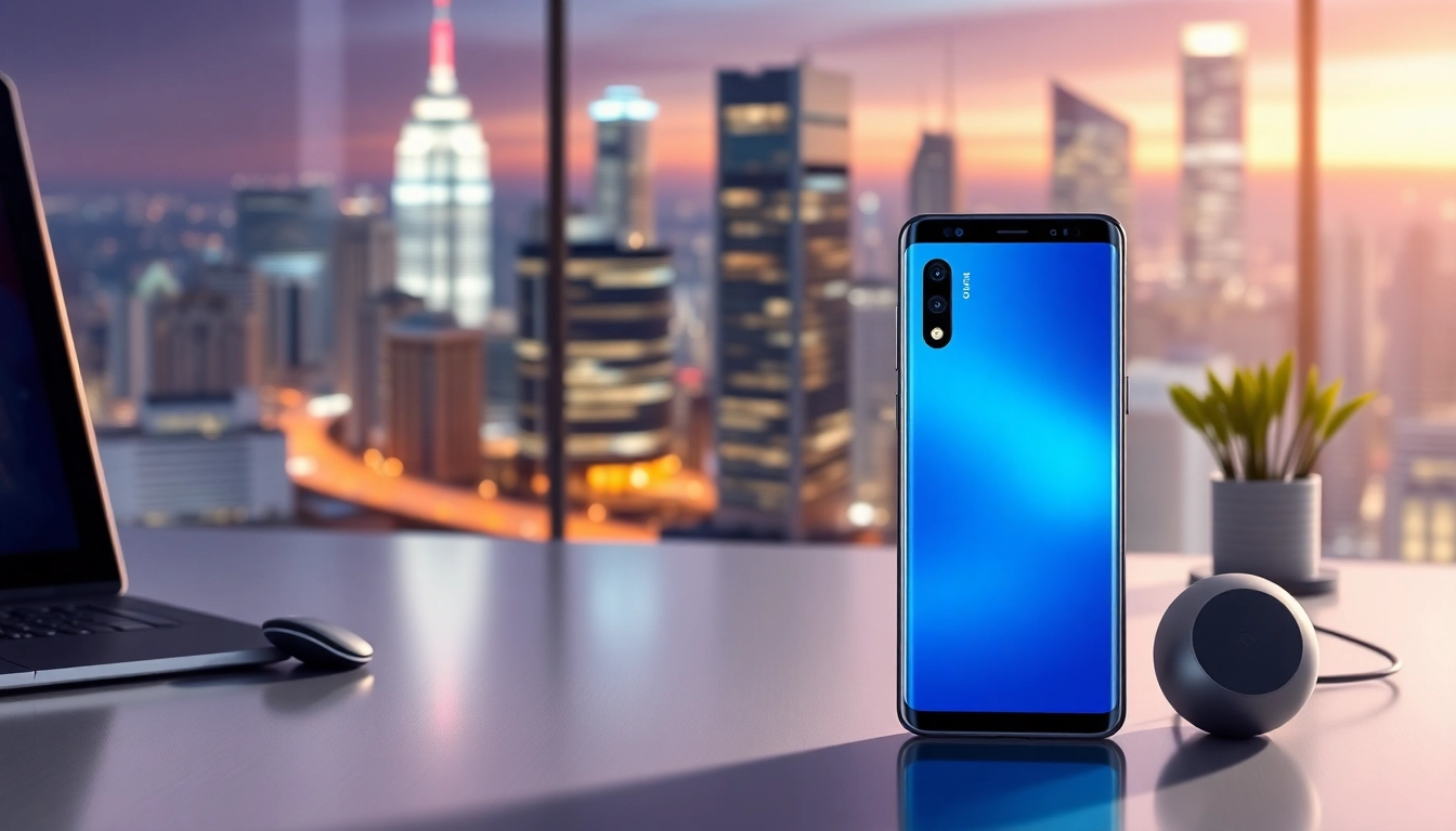 S8 smartphone showcased in a modern workspace with a vibrant city backdrop, emphasizing its sleek design.