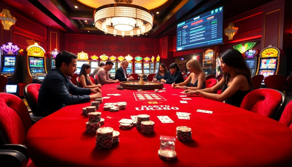 Gamble at https://urr88.com/ with vibrant casino elements including poker chips and roulette.