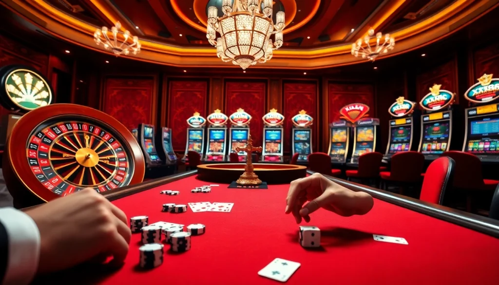 Experience the thrill of xx88 with a luxurious casino scene featuring roulette, poker, and slot machines.