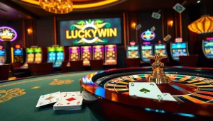 Experience the thrill of gambling at LUCKYWIN with vibrant slots and a roulette table.