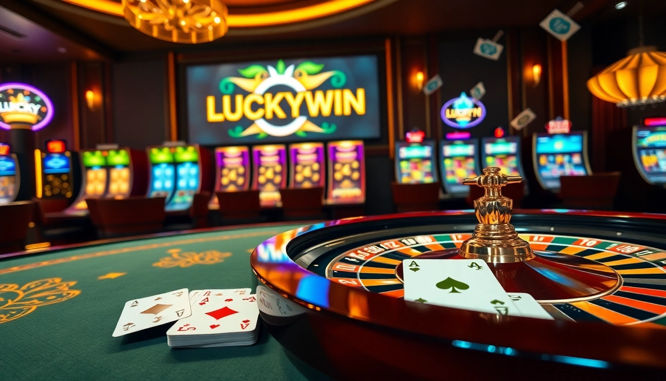 Experience the thrill of gambling at LUCKYWIN with vibrant slots and a roulette table.