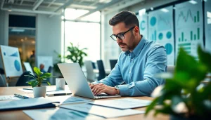 Engaging financial analyst at https://globalwealthscope.com analyzing data in a modern office.