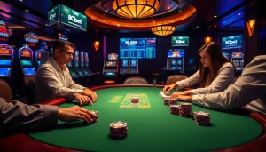 Player engaging in a high-stakes poker game at 8qbet casino, showcasing luxury and excitement.