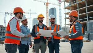 Construction association denver team collaborating at a busy construction site outlining project details.