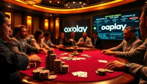Players enjoy a thrilling poker game with oxplay elements, showcasing excitement and luxury in a casino setup.