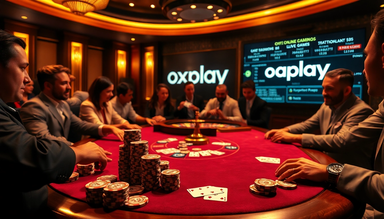 Players enjoy a thrilling poker game with oxplay elements, showcasing excitement and luxury in a casino setup.