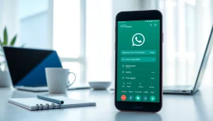 fm whatsapp download displayed on a smartphone in a bright workspace