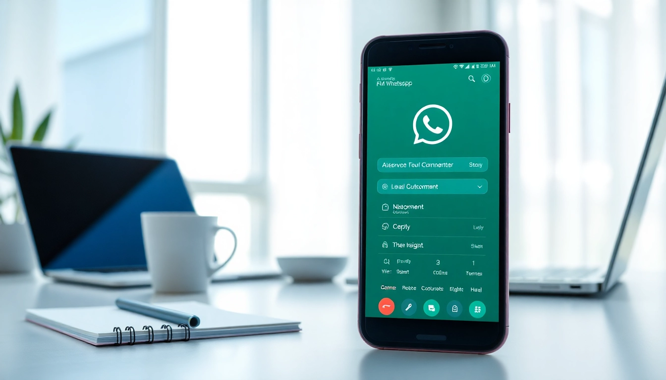 fm whatsapp download displayed on a smartphone in a bright workspace