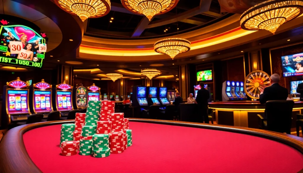 Experience the excitement of רמי אונליין at a luxurious casino, featuring poker tables and vibrant slot machines.