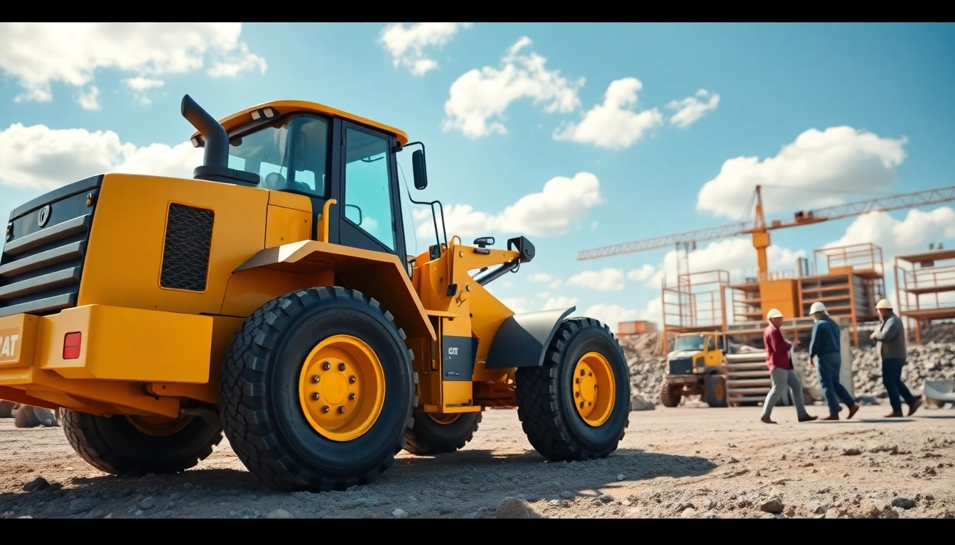 Rent wheel loaders on a busy construction site showcasing machinery in action with workers collaborating.