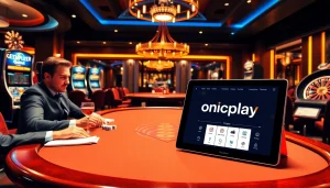 Experience thrilling gaming action at onicplay with vibrant poker and slot machines in a luxurious casino setting.