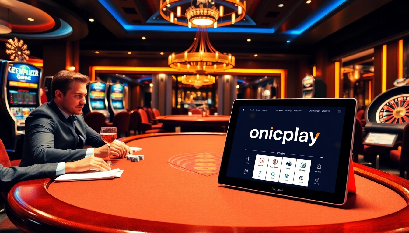 Experience thrilling gaming action at onicplay with vibrant poker and slot machines in a luxurious casino setting.