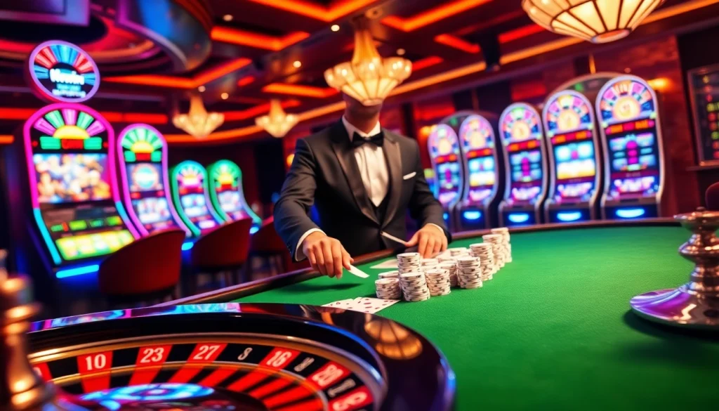 Experience the thrill of gambling at 32win with a vibrant casino table and stunning slot machines.