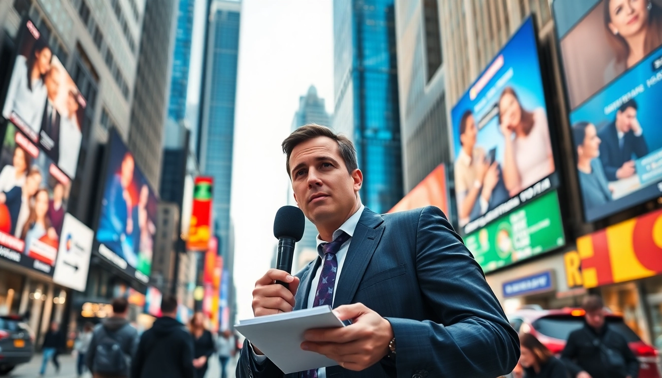 Capture the essence of Usa Today through a vibrant city news scene with a journalist reporting live.