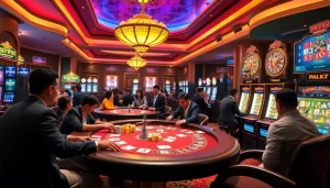 Experience the excitement of Cổng game Haywin with vibrant action at poker tables and slot machines.